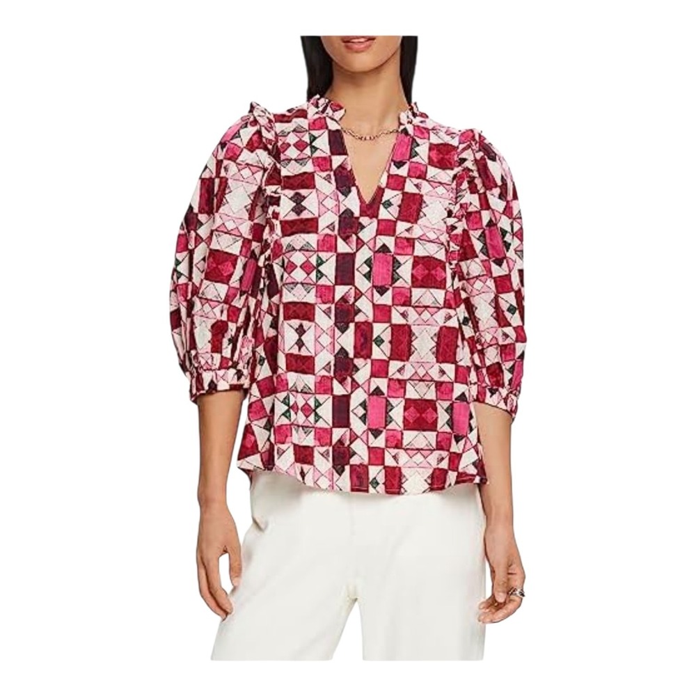 Esprit Women's S Pink Fushia Geometric Cotton Peasant Ruffles Puffy Sleeves Top